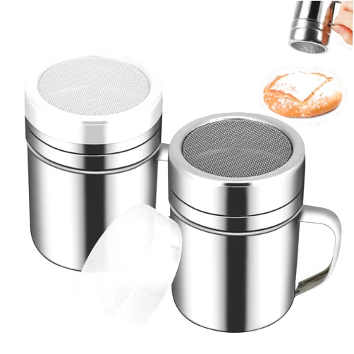OYANIMO 2 Pcs Powdered Sugar Shaker Duster with Handle, Stainless Steel Fine Mesh Shaker Powder Cans with Plastic Lid, Sifter Dredge Shaker for Powder Sugar Cinnamon Cocoa Pepper Coffee Flour