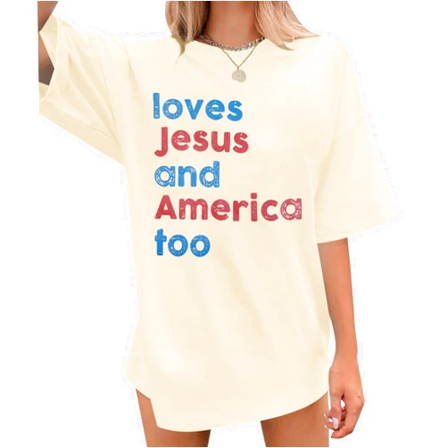 VILOVE Loves Jesus and America Too Shirt Women Oversized Patriotic Christian Shirt 4th of July Shirt Funny USA Tops