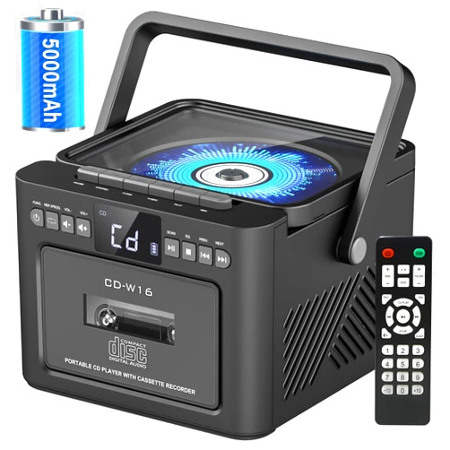 Sunoony Boombox Cassette CD Player Combo with Bluetooth, FM, Remote Control, Tape Recording, AUX/TF/USB Drive, Rechargeable CD Player with Stereo Sound & Headphone Jack, LED Display for Home,Kids,Gift