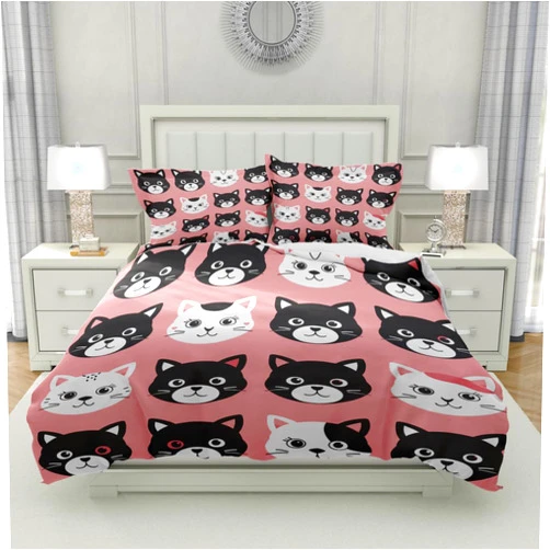Lokaluo Cat Duvet Cover Queen Size 3D Printed Pet Cat Queen Duvet Cover Set White Black Kitten Pattern Animal Theme Cat Lovers Bedding Set Room Decor 3 Pcs Comforter Cover with 2 Pillowcases