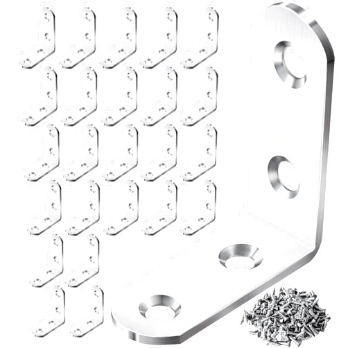 PICRALT 24PCS Silver L Bracket Corner Sets 90 Degree Corner Brace Metal Right Angle Bracket Stainless Steel for Wood Shelves Cabinet Furniture Tables Chairs and DIY with 96PCS Screws (1.6*1.6 in)