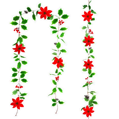 Tepaler 2Pack Christmas Garland Winter Holly Leaves Garland with Red Berry Poinsettia Pinecones 7.8FT Artificial Christmas Greenery Garland for Mantle Holiday Party Wedding Outdoor Indoor Decor