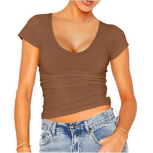 LEEDYA Women Scoop Neck Crop Top Short Sleeve Going Out Shirt Basic Solid Workout Y2k Baby Tee