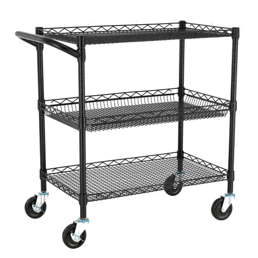 Finnhomy 3 Tier Heavy Duty Commercial Grade Utility Cart, Wire Rolling Cart with Handle Bar, Steel Service Cart with Wheels, Kitchen Cart on Wheels, Food Storage Trolley, NSF Listed, Black