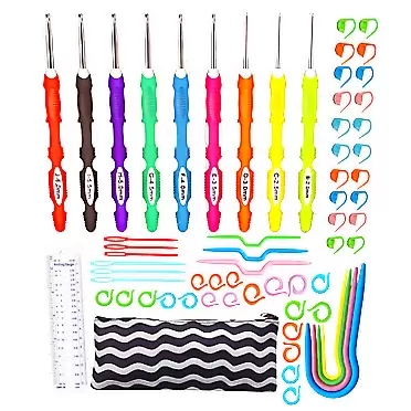 JOSDIOX Crochet Hooks with Extreme Long Soft Handle,Ergonomic Crochet Hook Size from 2mm(B) to 6mm(J) Set and 54 Pcs Crochet Kit Accessories,Knitting Crochet Needles in US Standard (9 Sizes)(9 pcs Colorful)