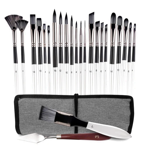 XINBOWEN Xin Bowen 25pcs Paint Brush Set, Professional Brushes Acrylic Paintbrushes Expert Series Nylon Paint Brush Kit with Cloth Roll and Palette Knife for Acrylic, Oil, Watercolor and Gouache