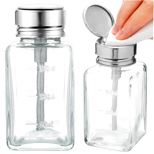 Lallisa 2 Pcs 6 Oz/ 180 ml Clear Pump Dispenser Bottle with Metal Flip Cover Glass Nail Polish Remover Push Down Dispenser Bottle Refillable Push Down Pump Dispenser Press Container for Makeup Remover