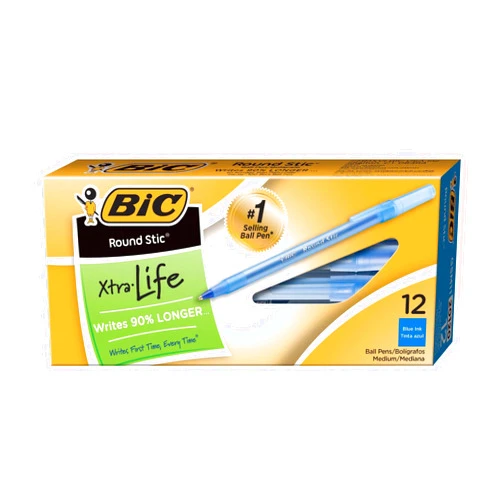 BIC Round Stic Xtra Life Ballpoint Pen, Medium Point (1.0mm), Blue, 12-Count