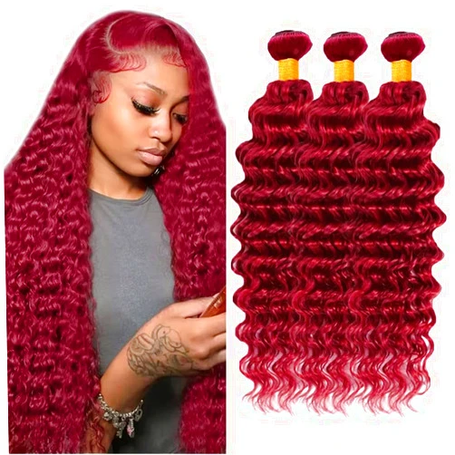 CnumGunm 30 32 34 inch CnumGunm 99j Human Hair Bundle 99j Deep Wave Bundle Human Hair Burgundy Double Weft 3 Bundles for Women