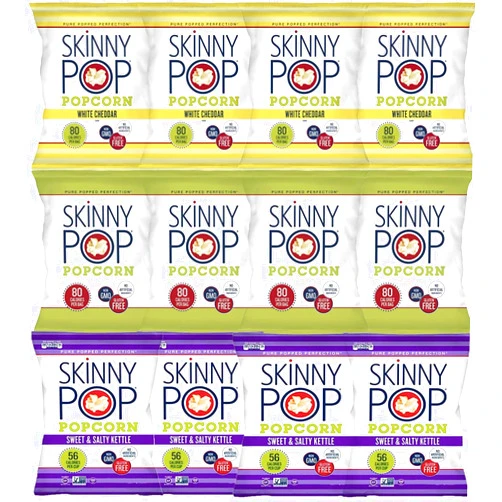 CNJ DELIVERS LLC Skinny Pop Variety 12-Pack, Sweet & Salty Kettle, White Cheddar, Original, 12-0.5/0.8 oz Individual Bags