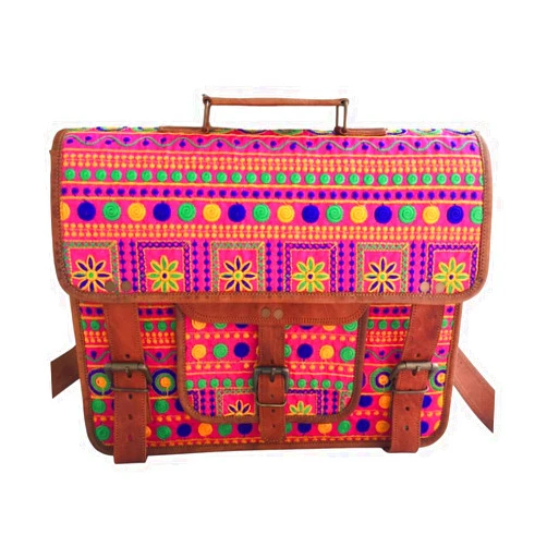 PNCO'' Leather Handmade Embroidery Brown Bag With Adjustable Shoulder Strap made by Canvas Lining