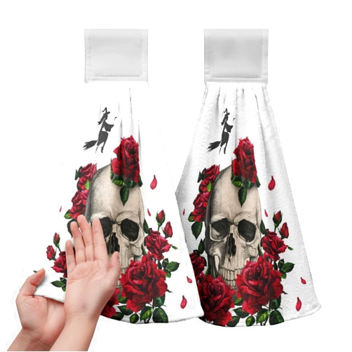 Kwlegh Skull Roses Halloween Hanging Kitchen Towels Red Floral Gothic Hand Towels with Hanging Loops Soft Absorbent Fingertip Dish Bath Tie Towels for Bathroom Decorative Set of 2