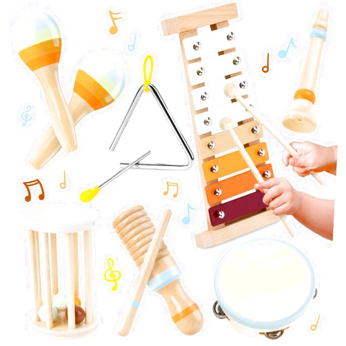 Funsland Musical Instruments for Toddlers 1-3 - 7 in 1 Montessori Wooden Percussion Music Toys Set for Kids and Babies