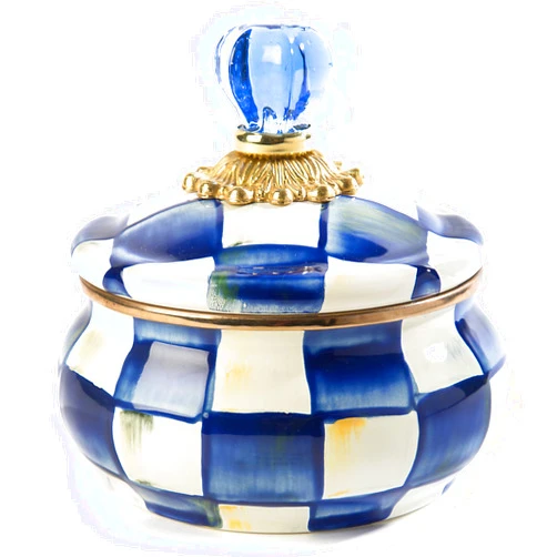 MACKENZIE-CHILDS Enamel Squashed Pot, Cute Enameled Container with Lid, 20 Ounces, Blue-and-White Royal Check