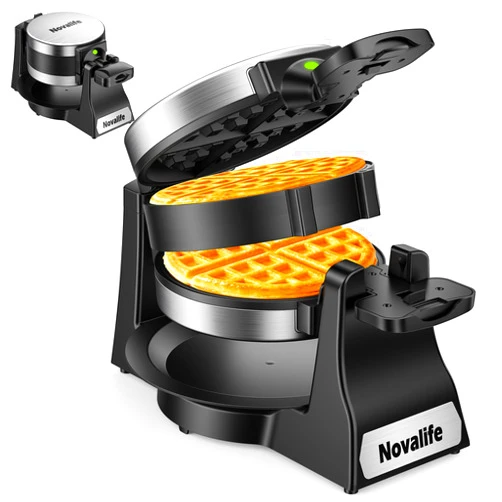 Novalife Waffle Maker, 1400W Belgian Waffle Maker, Double Waffle Iron 180° Flip, 8 Slices, Rotating & Nonstick Plates, Removable Drip Tray Easy to Clean, Locking Buckle & Cool Touch Handle, Stainless Steel