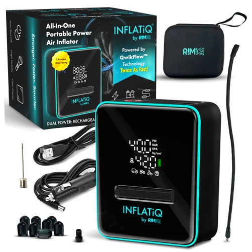 RIMiQ INFLATiQ by RIMiQ Portable Tire Inflator Air Compressor – Twice as Fast QwikFlow Technology with Auto Shut-Off – 11.1V Rechargeable Air Pump with Metal Gears and Premium Carry Case
