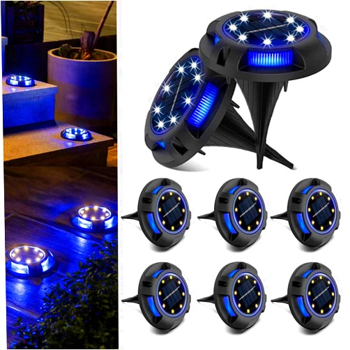 Raising Witt Solar Ground Lights Outdoor 8 Packs LED Disk Lights Solar Powered Waterproof In-ground Lights For Garden Deck Stair Step Lawn Patio Driveway Walkway Pathway Yard decoration (White + Blue)