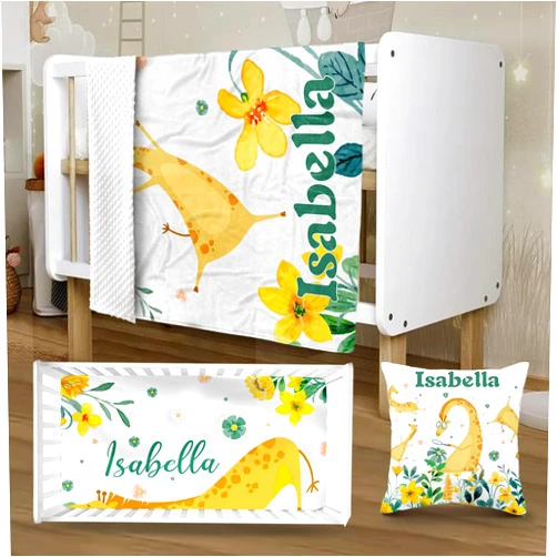 YISMEET Personalized Crib Bedding Set, Newborns Set with Name, 3 Pcs Cute Deer Baby Crib Set for Girls, Double Layer Blanket, Crib Sheet, Pillowcase