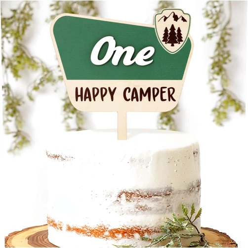 Huray Rayho One Happy Camper Cake Topper National Park Wooden Cake Smash Decor Adventure Camping Theme First 1st Birthday Party Centerpiece Mountain Hiking Sage Green Decoraiton