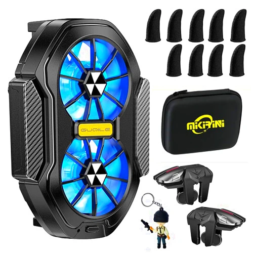 Mikirini 14 in 1 Mobile Phone Dual Cooler with LED Light, Cell Phone Cooling Fan Radiator, 2pcs L2R2 Mobile Game Controller Triggers for PUBG/Fortnite/Call of Duty w/ 9pcs Finger Gloves Sleeves