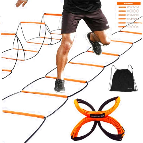 ALPHAWORX Agility Ladder, Agility Training Equipment, Soccer Speed Ladder, Football Footwork Ladder, Workout Ladder for Kid Adult, Foldable Instant Set-up & Tangle-Free & Carry Bag(4/8/8+4/12 Rung)