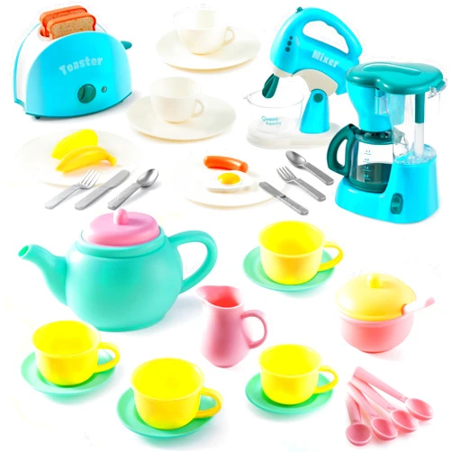 JOYIN 18Pcs Plastic Tea Sett, Pretend Play Tea Party Set, Play Kitchen Toys, Pretend Play Kitchen Appliances Toy Set with Coffee Maker, Mixer, Toaster with Realistic Lights& Sounds