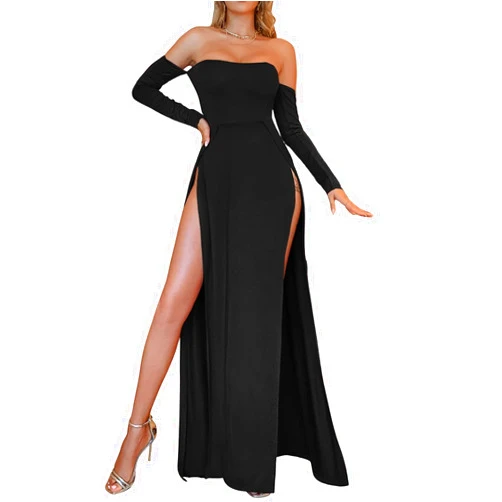 GORGLITTER Women's Split Thigh Off The Shoulder Maxi Dress High Slit Long Sleeve A Line Long Dresses