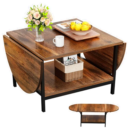 SAYGOER Coffee Table Mid Century Modern Extended Coffee Tables 2-Tier Storage Vintage Table for Living Room Farmhouse Center Table with Two Foldable Panel for Any Large or Small Space, Rustic Brown