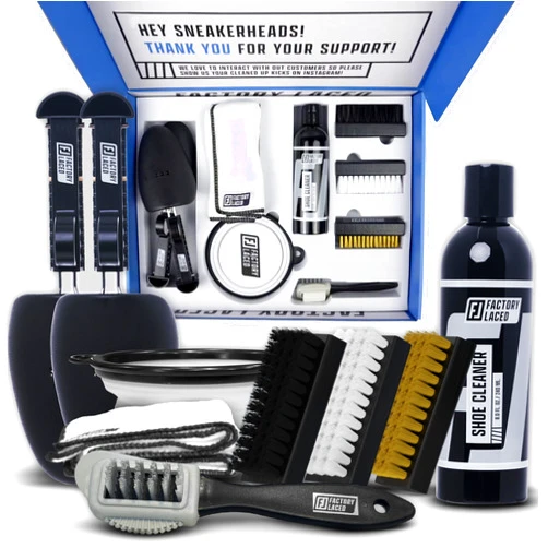 FACTORY LACED Shoe Cleaning Kit - Complete Sneaker Cleaner Kit with 8oz Solution, 4 Brushes, 2 Shoe Trees, Microfiber Towel & Bowl - The Ultimate Shoe Cleaner Kit for Jordans and Nike Shoes