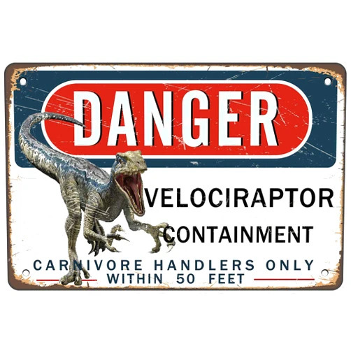AntSwegg Tin Sign Danger Velociraptor Containment Metal Sign 12x8 Inch, B014