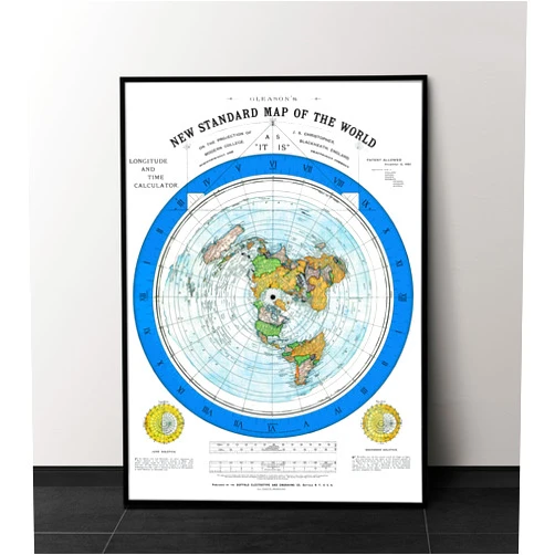ArtCantHurtU Flat Earth Map of the World - 1892 Alexander Gleason Map - 17x21 inches - Wall Art Poster Print Décor Gift - Circular Plane - Longitude and Time - Polar Azimuthal Projection - Flat Earthers - Unframed Home School Gift Decor
