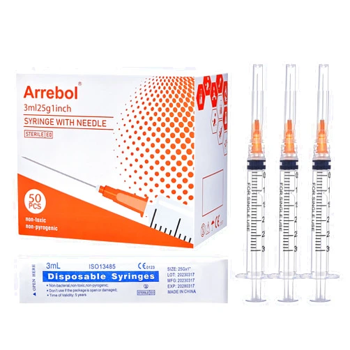Arrebol 50-Pack 3ml syringe with 1inch 25Ga luer lock needle,Plastic Disposable Tool for Scientific Labs,Liquids Refilling,Measuring,