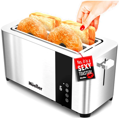 Mueller UltraToast Full Stainless Steel Toaster 4 Slice, Long Extra-Wide Slots with Removable Tray, Cancel/Defrost/Reheat Functions, 6 Browning Levels with LED Display, Kitchen Essentials & Gadgets