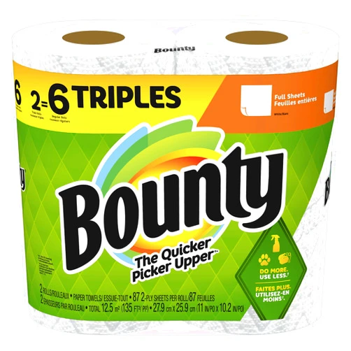Bounty Full Sheet Paper Towels, White, 2 Triple Rolls - 6 Regular Rolls