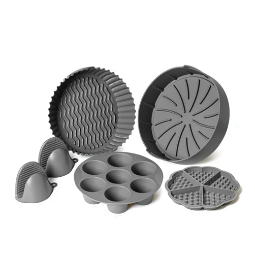 EM 5-Pack Air Fryer Silicone Liners - Includes Silicone Mitts, Egg Bites Tray, Waffle Mold, Silicone Cupcake Liners, Pot - Compatible with 5-7 Quart Air Fryers - Reusable, Food-Grade, Dishwasher-Safe