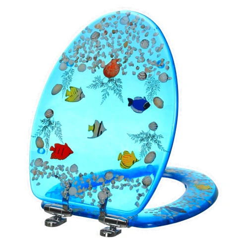 Angol Shiold Resin Toilet Seat Elongated Blue Fish Seashells Cover,3D Effects Heavy Duty Acrylic Toilet Seats Ocean Series,Easy Installation & Cleaning (Elongated 19