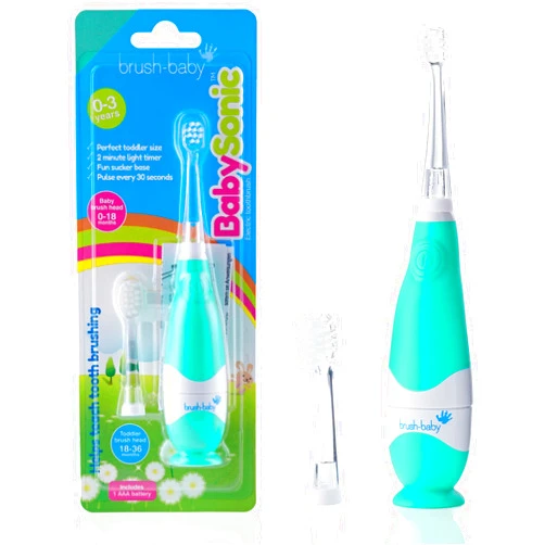 brush-baby BabySonic Infant and Toddler Electric Toothbrush for Ages 0-3 Years - Smart LED Timer and Gentle Vibration Provide a Fun Brushing Experience - Includes 2 Sensitive Brush Heads (Teal)