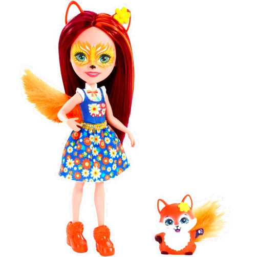 Enchantimals Mattel Enchantimals Felicity Fox Doll & Flick Figure, 6-inch small doll, with long brown hair, animal ears and furry tail, removable skirt and shoes, Gift for 3 to 8 Year Olds​​​​​​​