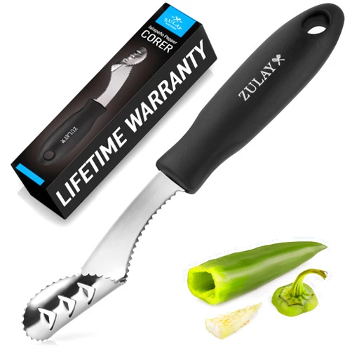Zulay Kitchen Jalapeno Corer Tool - Jalapeno Popper Cutter Pepper Deseeder With 2-In-1 Serrated Edge and Seed Remover For Cutting And Deseeding - Bell Pepper Corer Tool For Vegetables - Black