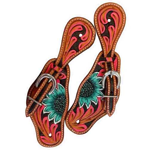Equitem Youth Size Hand Painted Flower Tooled Leather Spur Straps with Nickel Plated Buckle