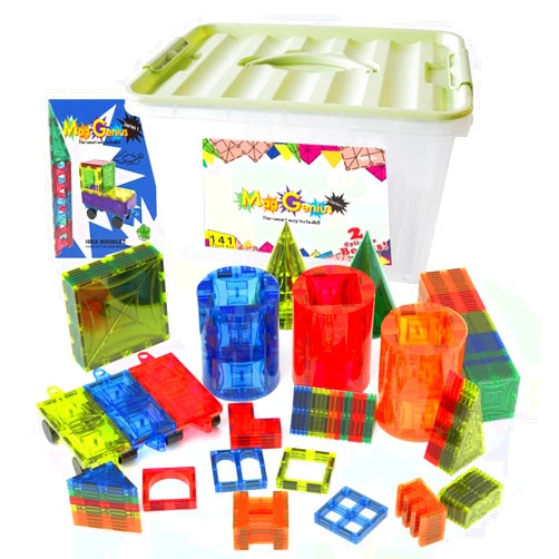 Mag Genius Magnet Tiles - Clear Magnetic 3D Building Blocks - Educational Toys, Games, Activities, Puzzles - Creativity, Motor Skills, Learning Shapes - Storage Bin, 2 Car Base, 182pcs, 17 Click-Ins