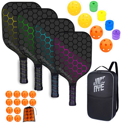JoncAye Pickleball Bundle, Pickleball-Paddles-Set-of-4 with 16 Balls, 1 Racket Bag, 2 Ball Bag, 4 Grip Tapes, 12 Ball Retrievers | Pickle-ball Starter Set of Racquets and Accessories | Pickleball Gift