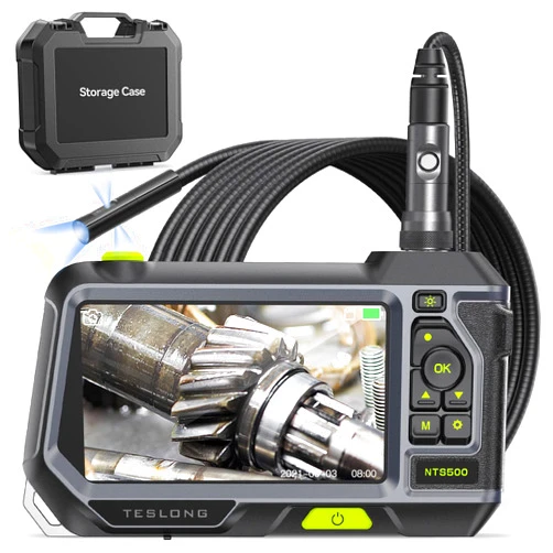 Teslong Triple Lens Endoscope with Light, Teslong NTS500 Pro Borescope Inspection Camera with 5inch 720P HD Monitor, Industrial Mechanic Camera Scope, Fiber Optic Snake in Wall Camera(16.5FT)