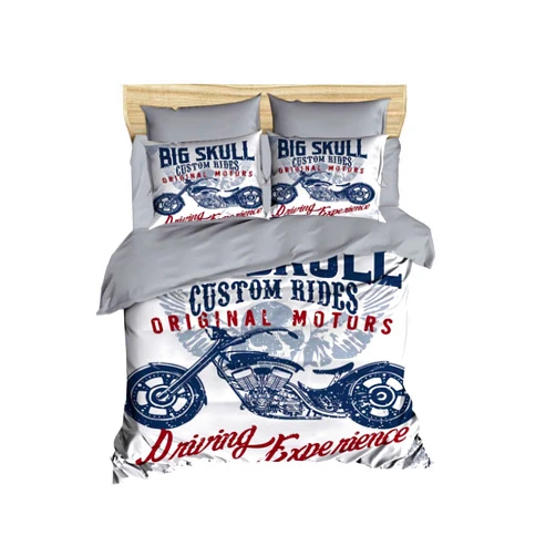 DecoMood Vintage Motorcycle Bedding, Motorcycle Themed Quilt/Duvet Cover Set, Full/Queen Size, Grey, Comforter Included (5 Pcs)
