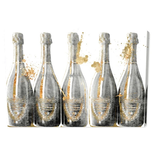 The Oliver Gal Artist Co. Drinks and Spirits Contemporary Canvas Art - Dom Bubbly, Wall Art for Living Room, Bedroom, and Bathroom, 36 in x 24, Gold and Gray Home Decor