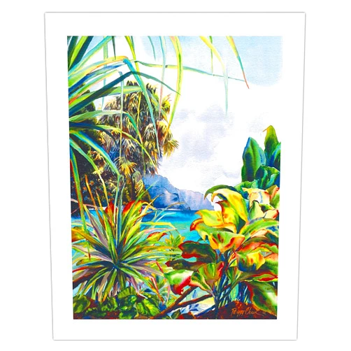 Pacifica Island Art Haena Garden - Kauai Northshore Hawaii - From an Original Hawaii Watercolor Painting by Peggy Chun - Fine Art Rolled Canvas Print 20in x 26in