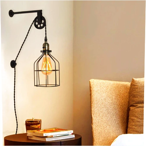 Focolux Industrial Wall Sconce with Cage, Rustic Wall Lamp with Plug-in Cord, Vintage E26 Metal Wall Light Fixture Lift Pulley Lighting Retro Farmhouse Decoration for Bedrooms Living Room