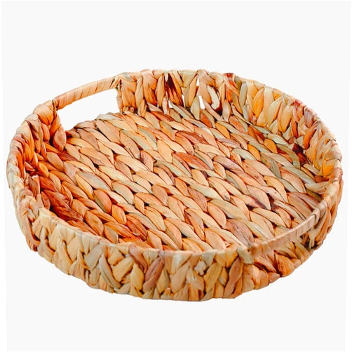 ZKZNsmart Large Round Water Hyacinth Storage Baskets, Hand-Woven Natural Grass Weaving Trays with Built-in Handles, Wicker Serving Trays for Fruit, Arts, Crafts, and Home Decor