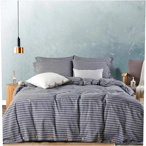 JELLYMONI Pinstriped 100% Washed Cotton Linen Like Duvet Cover Set, 3 Pieces Luxury Soft Bedding Set with Buttons Closure, Grey Stripes Pattern Printed Duvet Cover Queen Size(No Comforter)