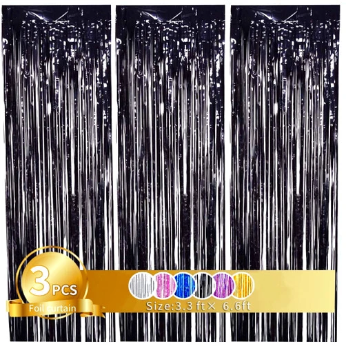 Tayuvira 3Pcs 3.3x6.6Ft Black Party Streamers |Black Foil Fringe Curtain| Black Fringe Curtains |Streamer Curtains,Black Streamers Ror New Year Christmas Bithday Bachelorette Party Decorations
